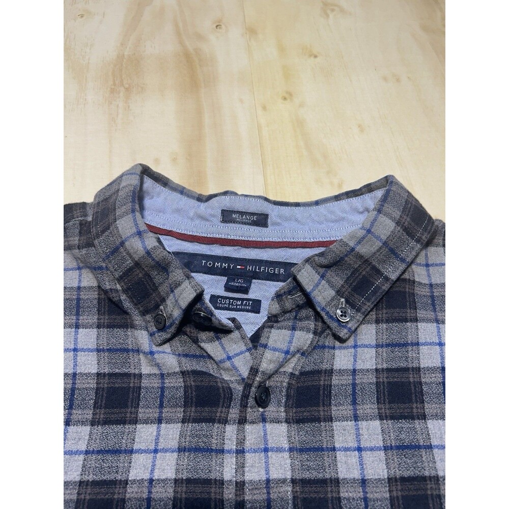 Tommy Hilfiger Melange Custom Fit Plaid Shirt Men's Size L Gray Blue Button Up